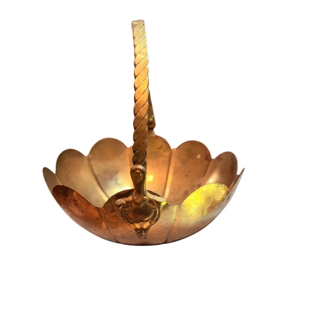 Vintage Brass Scalloped Basket With Twisted Handle Approx. 8
